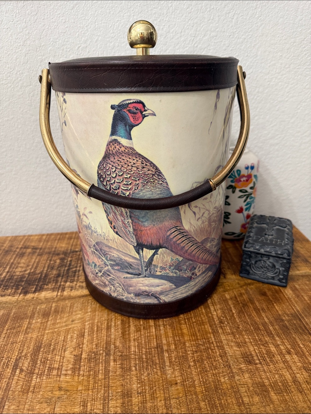 Pheasant Decorative Ice Bucket with Brown Trim and Gold Handle